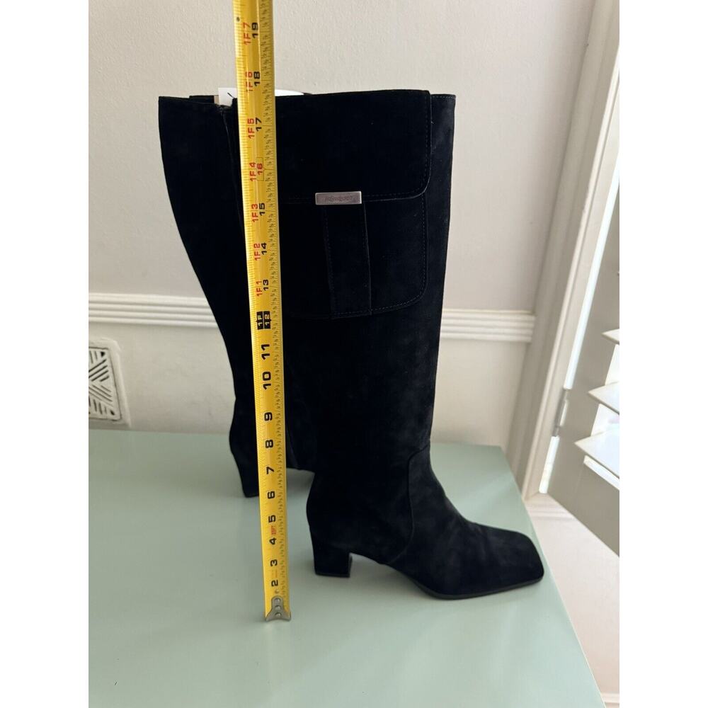 YVES SAINT LAURENT VTG Square Toe Black Suede Knee Boots Block Heels Sz 7.5 YSL - Picture 15 of 16